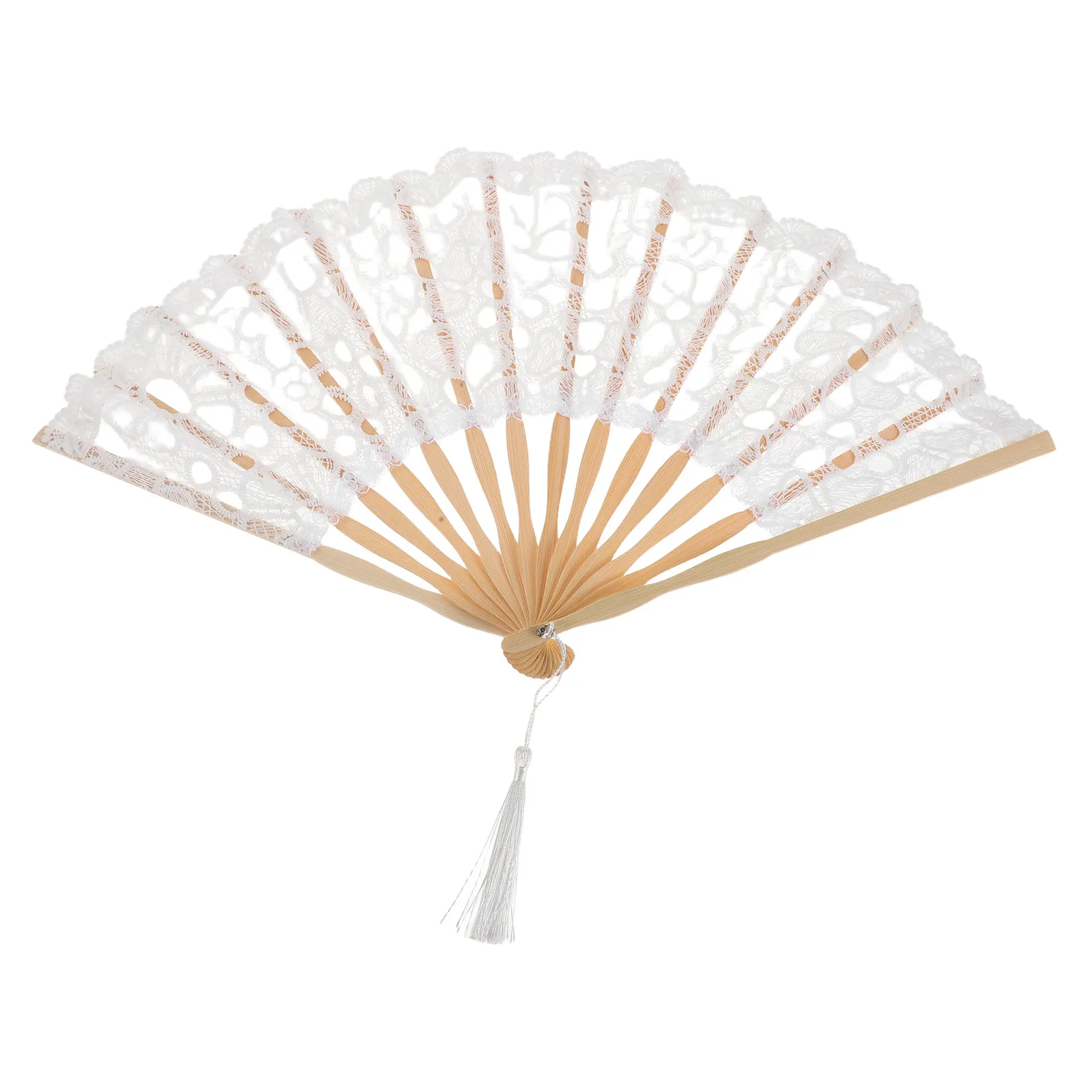 19Inch Lace Folding Hand Fan Elegant Bamboo Frame Tassel for Wedding Bridal Shower Party Dancing Festival Fan Bamboo Hand Fans