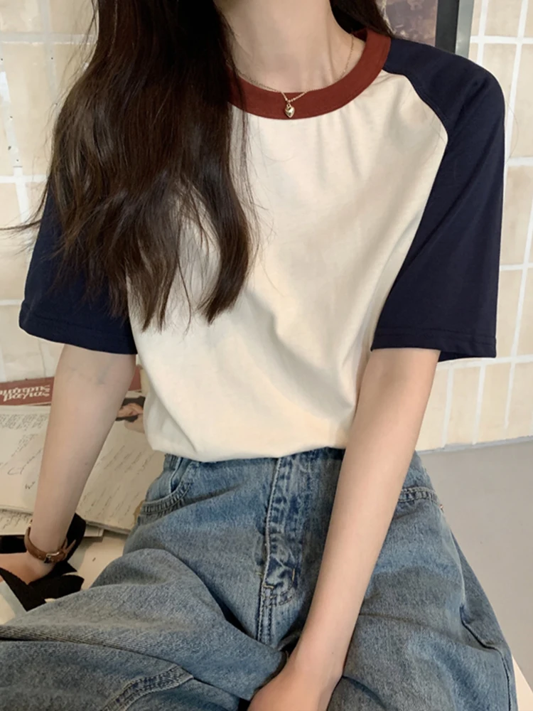 AOSSVIAO Sommer-Tops für Damen, T-Shirt mit Umlegekragen, kurze Ärmel, Beige, Blau, schick, Y2k-Mode, Patchwork, 2026 T-Shirts – Detail 6