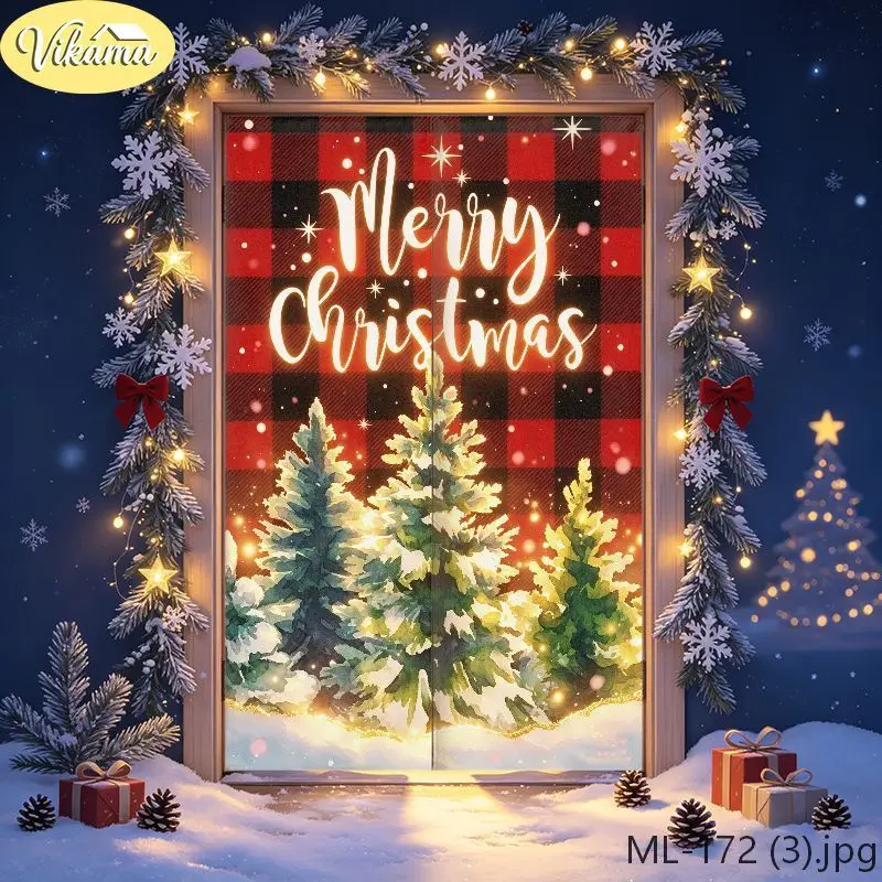VIKAMA Christmas Break Wall Santa Door Curtain Brick Hole Claus Coming Out Tree Gift Creative 3D Holiday Linen Noren Bedroom