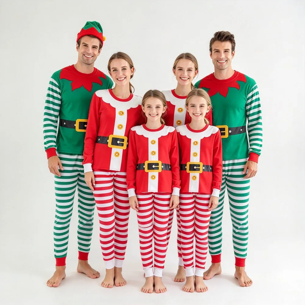 Santa Elf Family Matching Sleepwear Christmas Family Pajamas Set Long Sleeve Striped Home Outfit for Whole Family Xmas Pyjamas