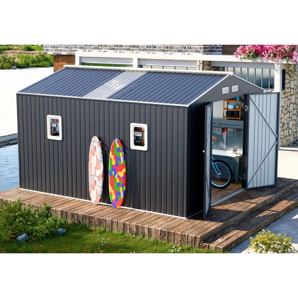 

Metal Outdoor Storage Shed 10x12 FT Large Tools House with Clear Roof Windows Air Vent Door for Outside Garden Patio Lawn Backya