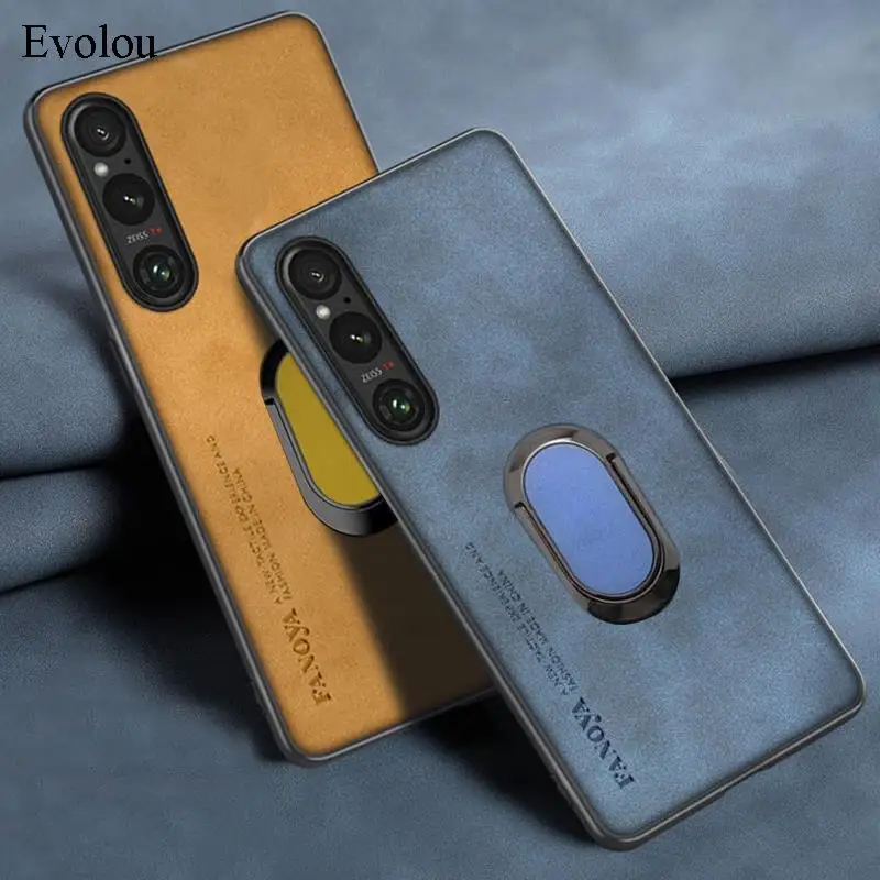 For Sony Xperia 1 V 10 V Sheepskin Leather Magnetic Ring Stand Holder Phone Case For Xperia 1 V 10 V Lens Protection Back Cover