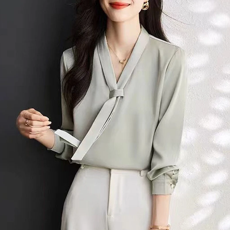 Women Fashion Bow Tie Chic Elegant Blouse Autumn Office Lady Business Casual Shirts Solid V Neck Long Sleeve Tops Chiffon Blusas