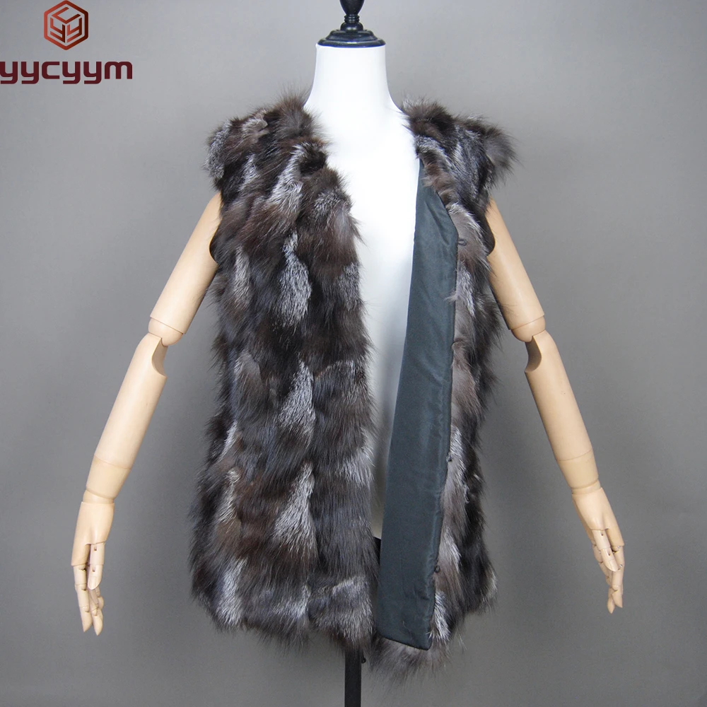 

New Women Autumn Winter Long Style 100% Genuine Real Sliver Fox Fur Vest Natural Fox Fur Sleeveless Coat Lady Real Fox Fur Gilet