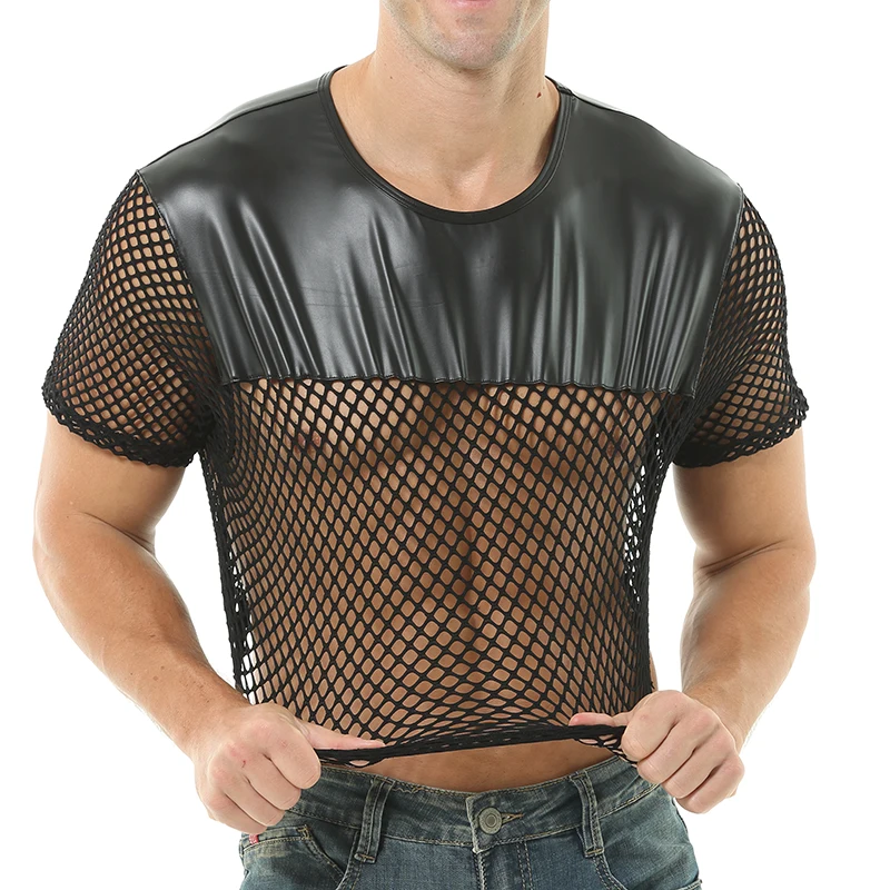 Black Men's See Through Mesh Short Sleeve Round Neck Crop Top Muscle T-Shirt Night Club Party Undershirts Clubwear PU patchwork