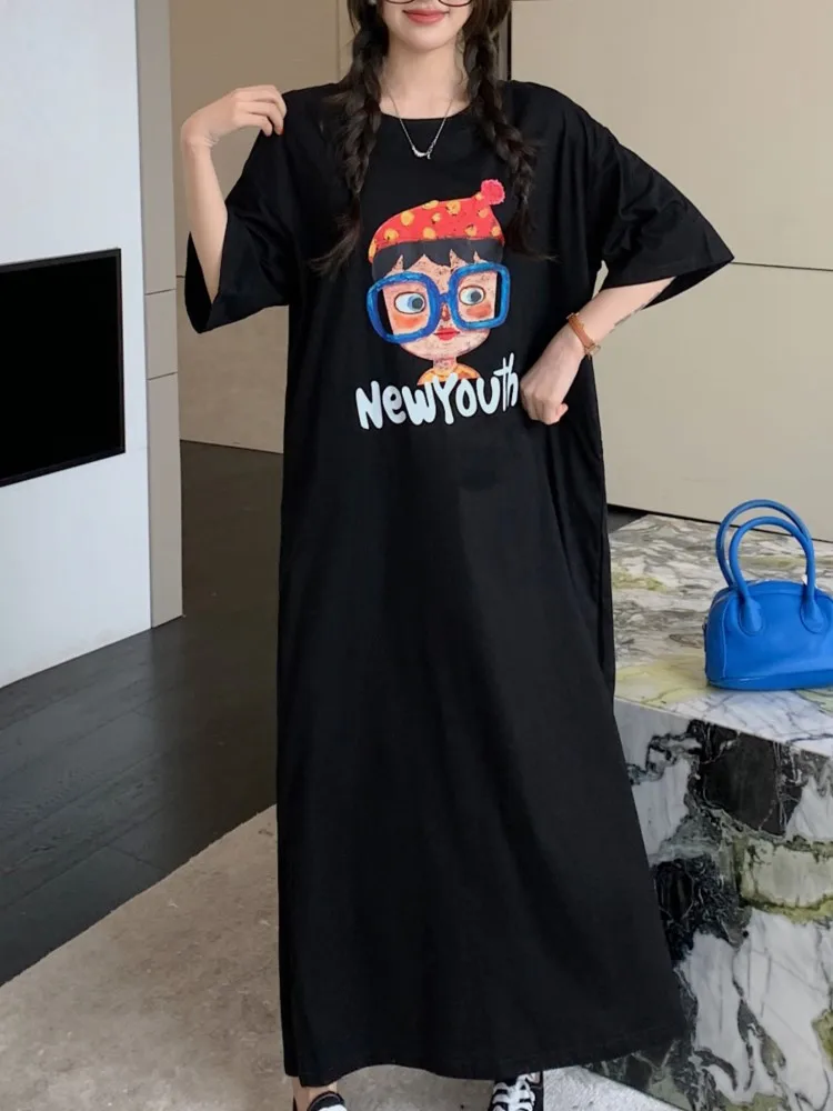 Abito lungo estivo allentato in cartone animato da donna Taglie forti Girocollo coreano Manica corta Stampa Abito t-shirt grande da donna