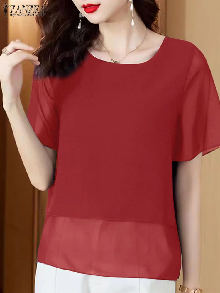 

Women Summer Work OL Blouses 2025 ZANZEA Elegant Short Sleeve Solid Shirts Fashion Solid Tunic Tops Female Loose Blusas Oversize