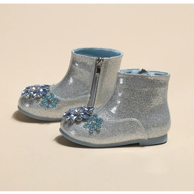 

New Blue Crystal Ice Princess Girls Fashion Boots Shining Snowflake Little Kids Snow Boots Children's Ankle Boots