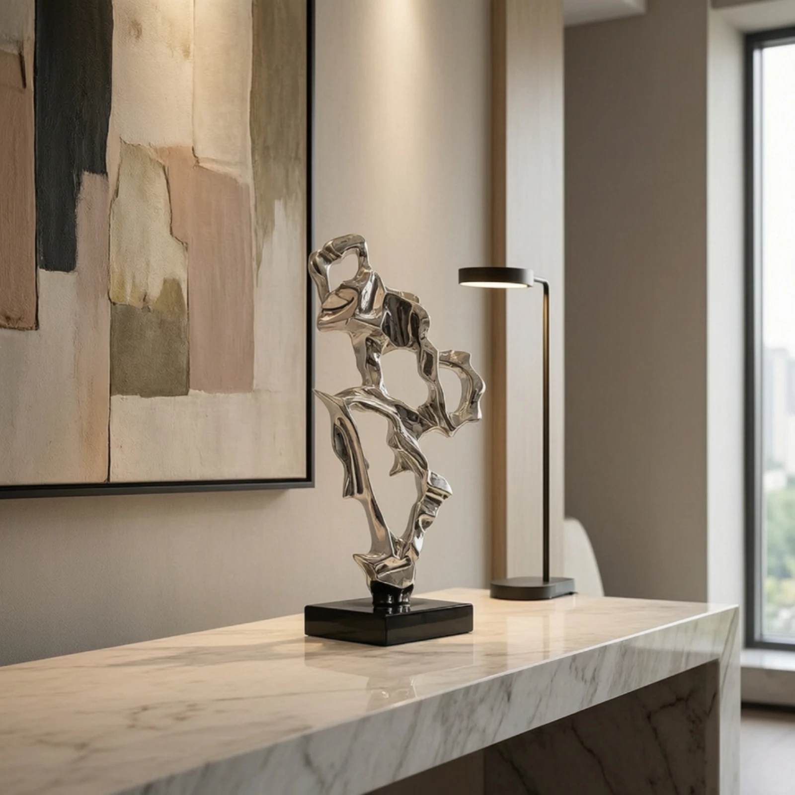 Abstract Sculpture Tall Fiberglass Sculpture Decorative Object with Loop Detail Sleek Tabletop Ornament Slim for Living Room
