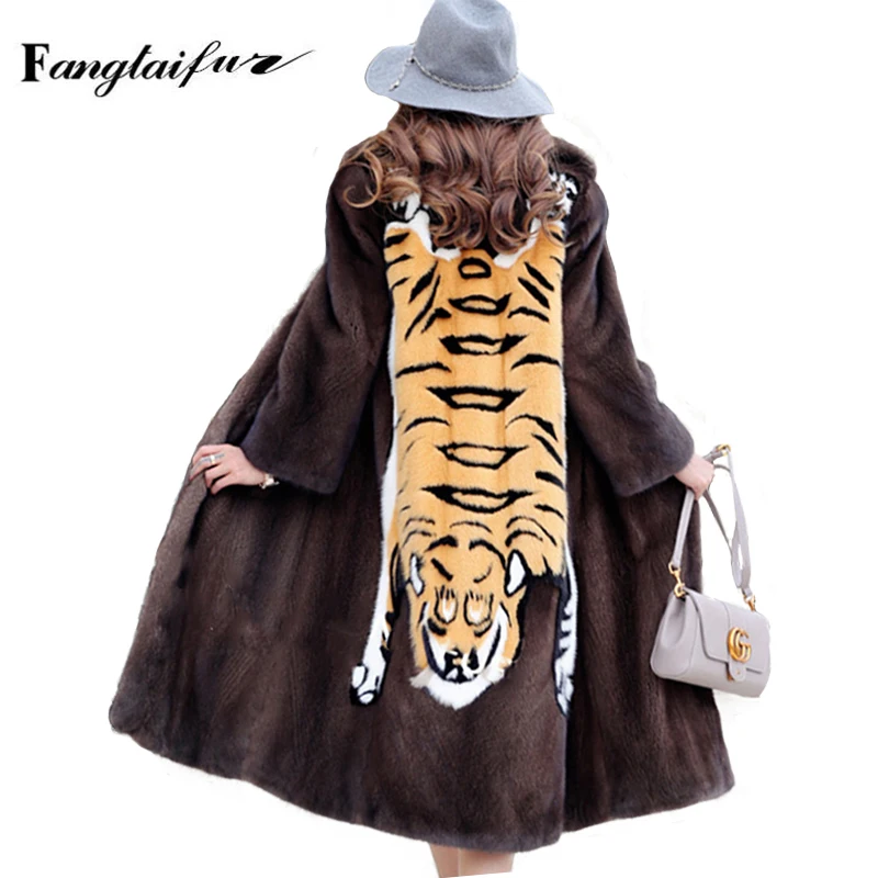 Ftangaiur Winter Female Import Velvet Mink Fur Coat Patchwork Tiger Mink Coat Women Jacket X-Long Natural Real Mink Fur Coats