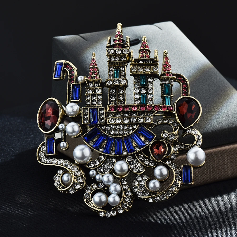 Retro Rhinestone Pearl Castle Brooch For Suit or Sweater Palace House Clothes Pins Jewelry