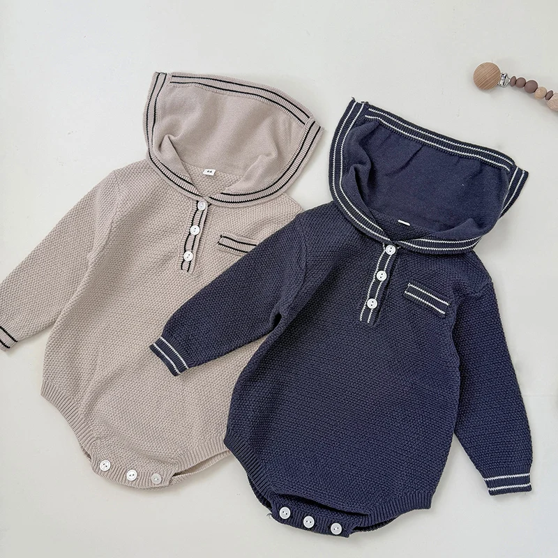 ربيع جديد 2026 ملابس أطفال 0-24 متر للأطفال الرضع والأولاد والبنات بياقة بحرية وأكمام طويلة بدلة محبوكة لحديثي الولادة #1