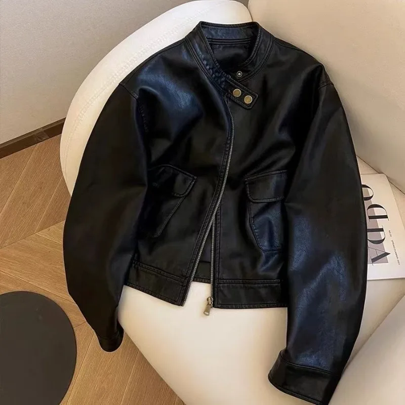 Motorcycle Women's Pu Leather Coat Zipper Stand Collar Fashion Casual Coats Female Streetwear Outerwear