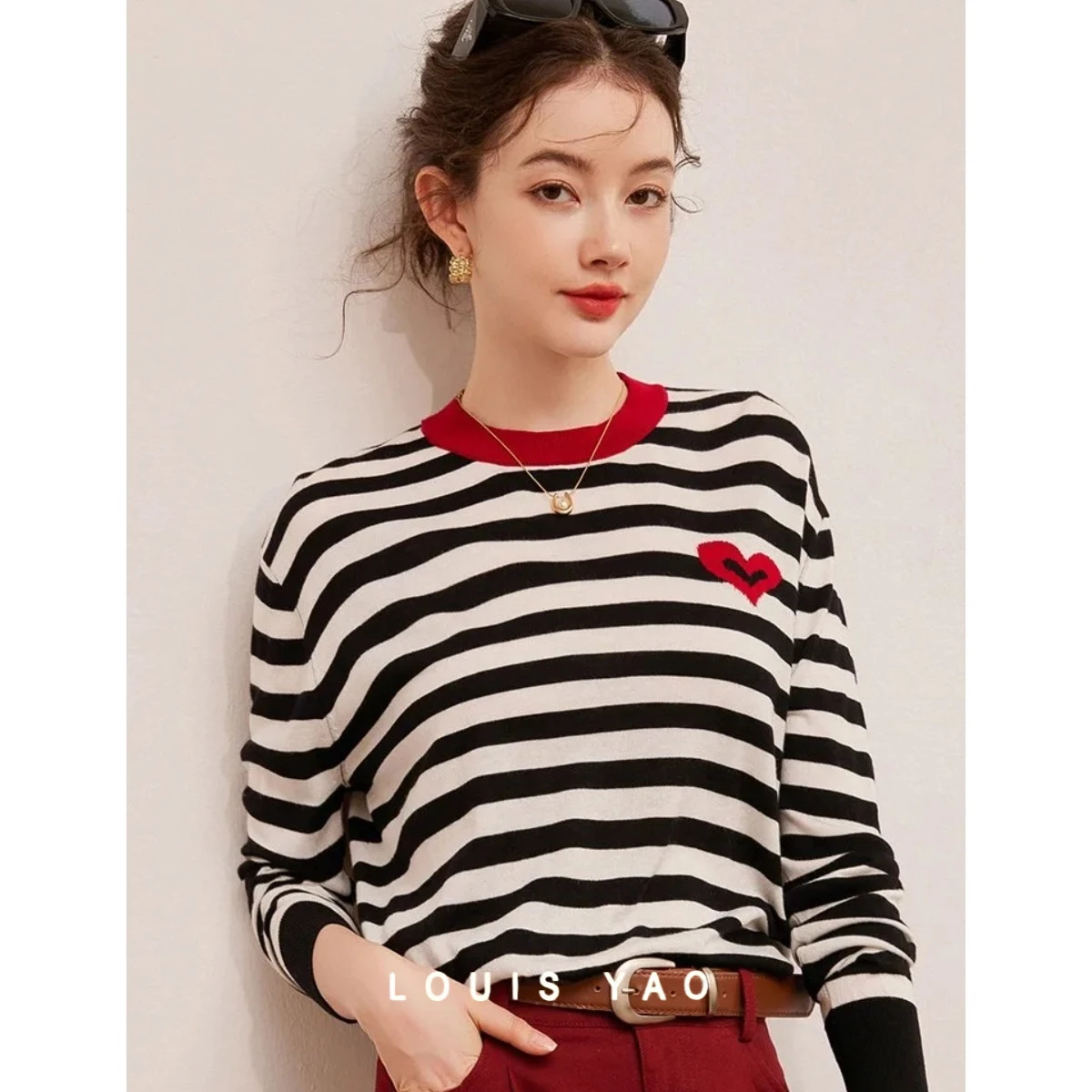 

LOUIS YAO Color Contrast Stripe Jacquard Pullovers 2025 Top Spring Round Neck Loose Long Sleeve Women's Knitwear New