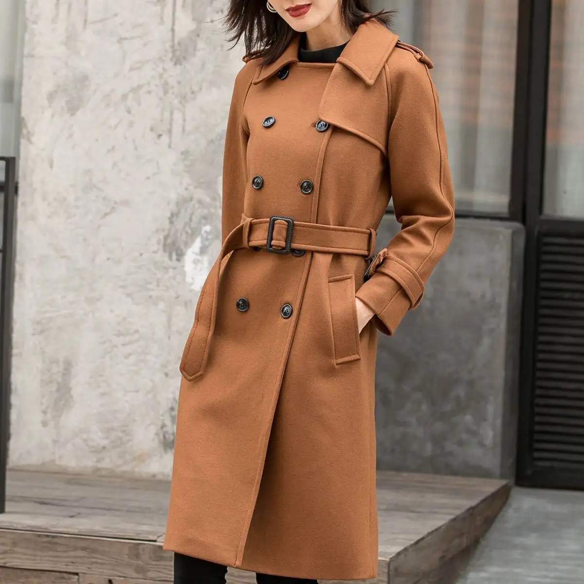 Brown Winter Warm Woolen Women Long Jacket With Sash Slim Fit Blazer One Piece Office Lady Street Wear Customized