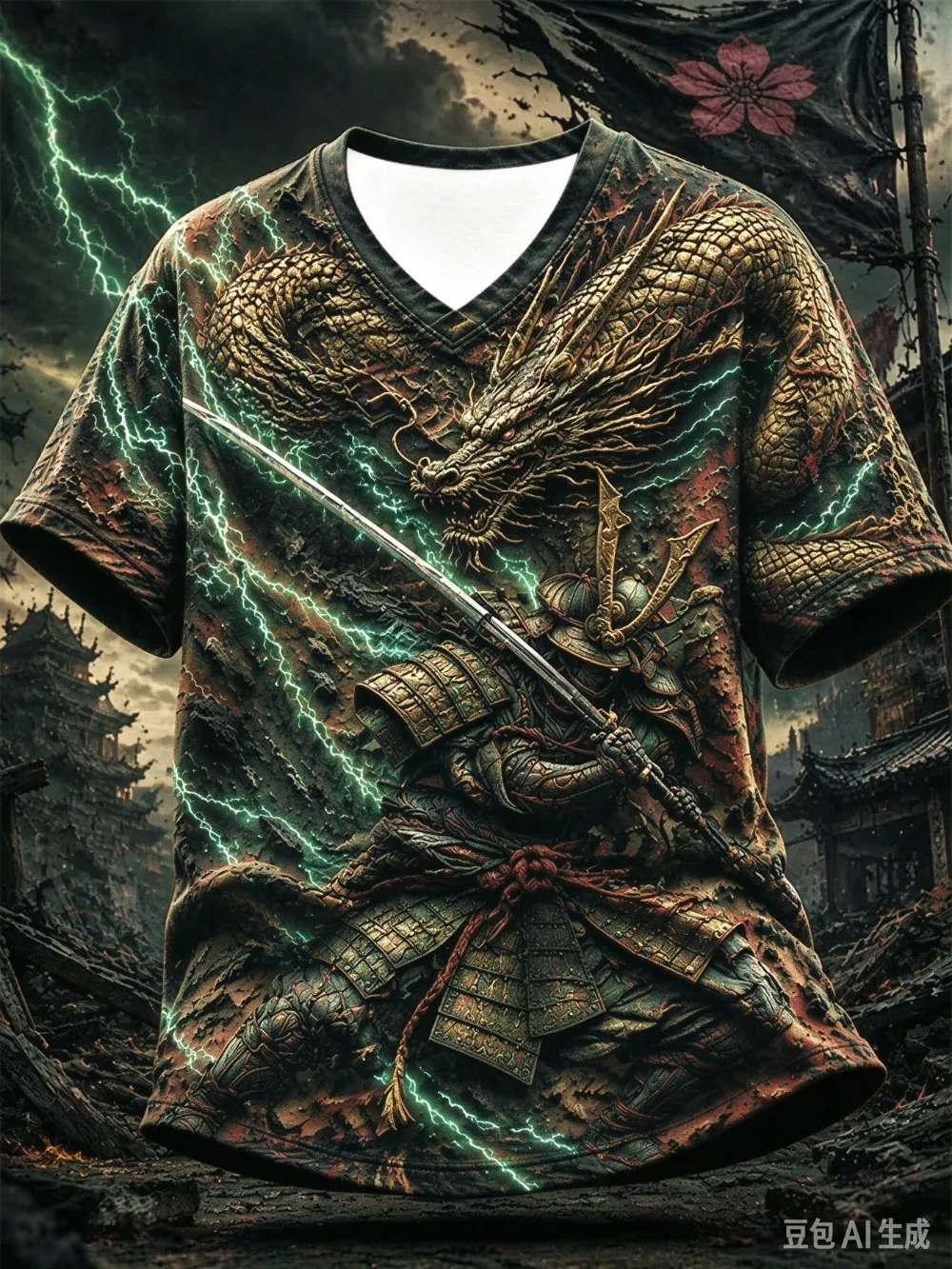 Japanese Dragon Warrior Lightning 3D Print Sport Quick-dry Breatha Men V-neckT-Shirt Outdoor Street Casual Parent-Child Clothing