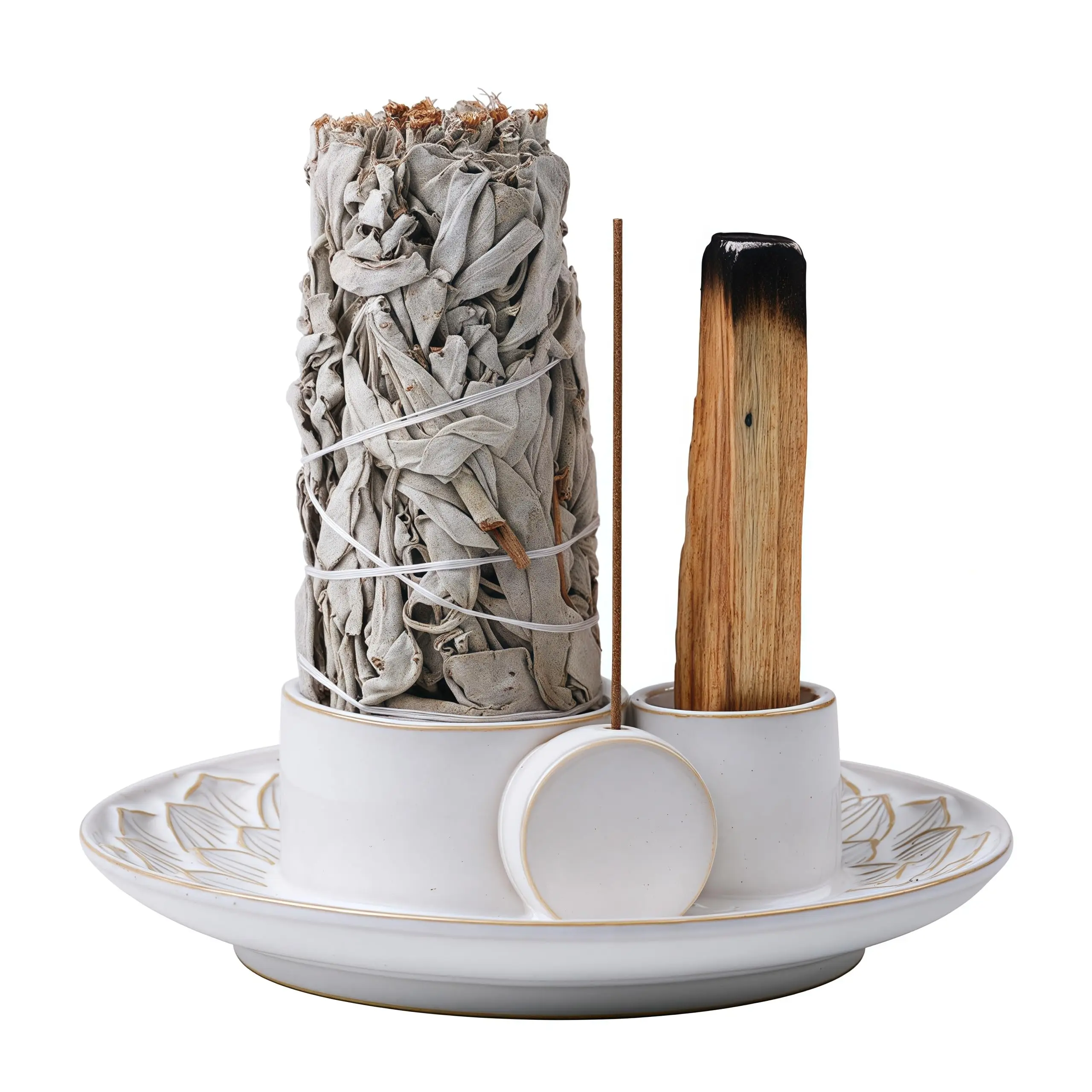 San Wood Sage Burner Simple Ceramic Incense Tray Aromatherapy Lamp for Living Room Multi-use Decorative Accessory