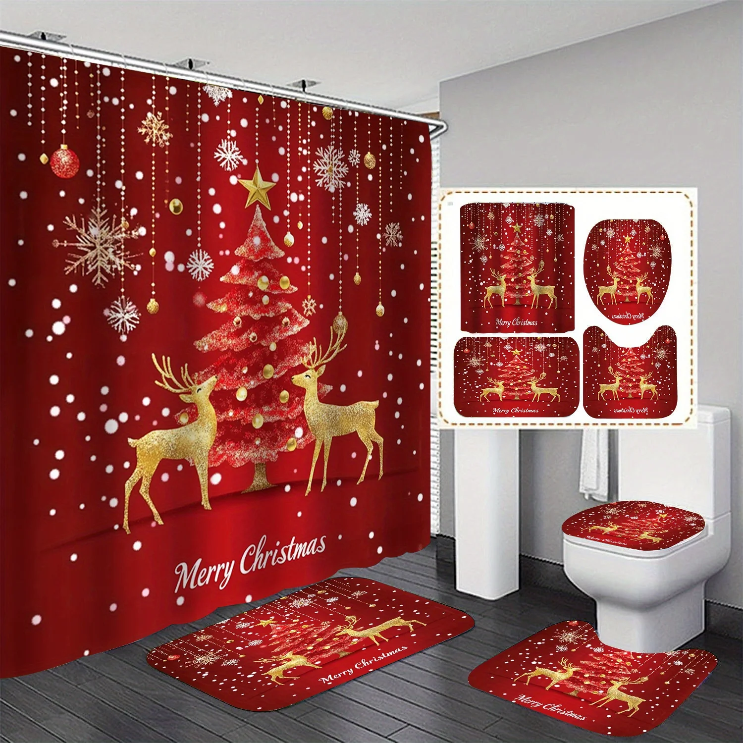 

4pcs Golden Elk Shower Curtain Set, Autumn Theme Bathroom Decor with Non-Slip Mat and Toilet Cover, for Home Decoration