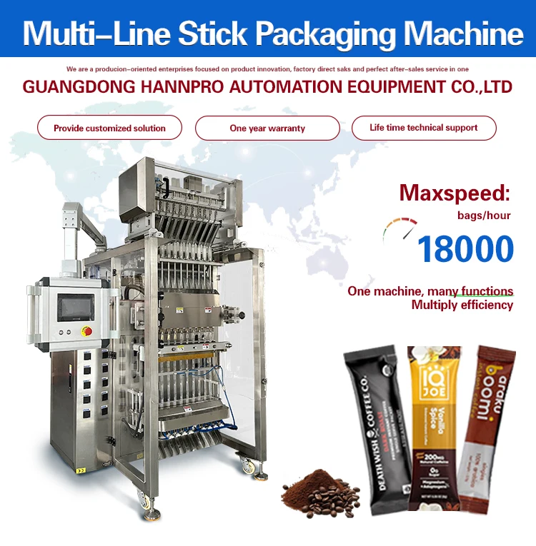HANNPRO Multi-lane Stick Pack Cocoa Coffee Powder Stick Auto Filling 3 or 4 Side Sealing Sachet Pouch Packing Machine