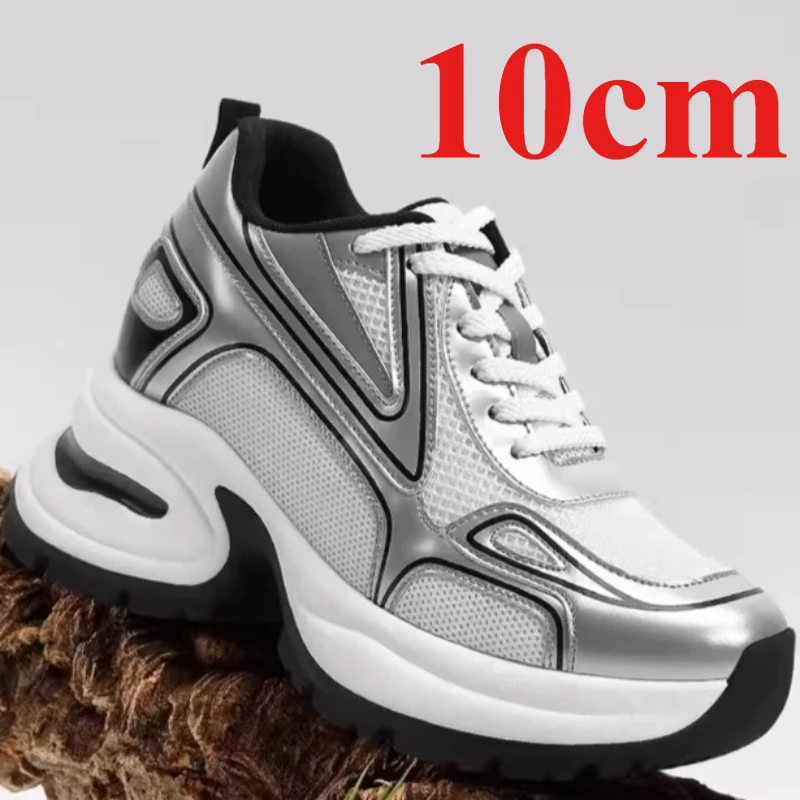 Silvery Chunky Sneakers for Women's 10cm Elevator Shoes Genuine Leather Mesh Thick Soled Height Increasing Casual Sports Shoes