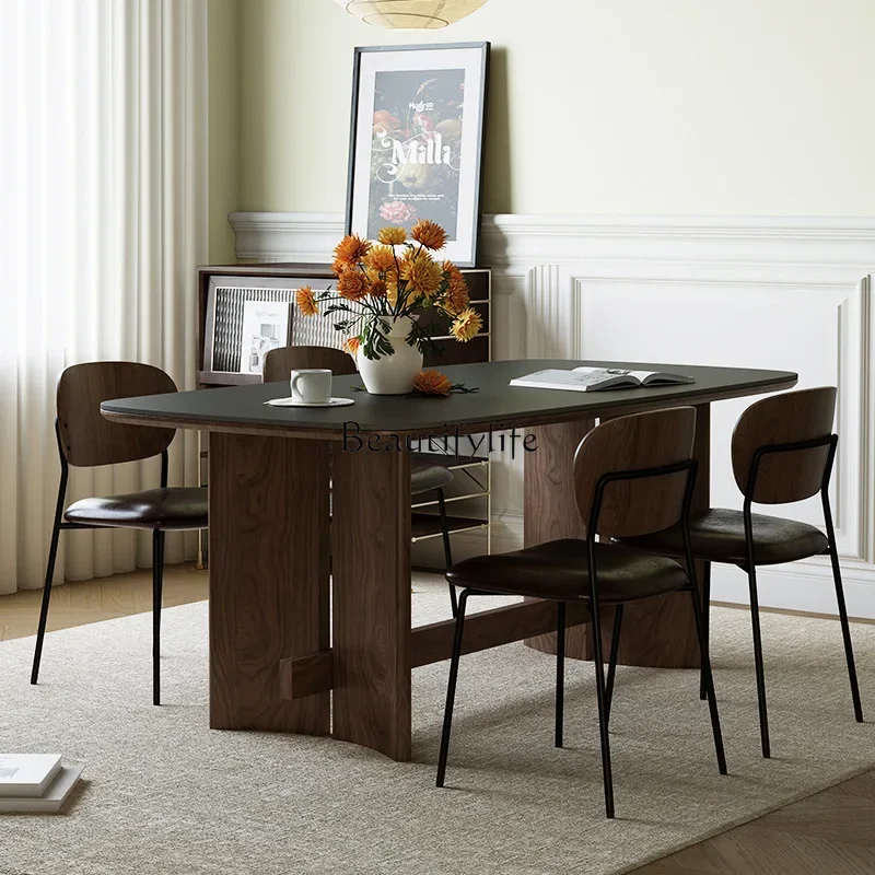 Solid wood dining table Nordic wabi style walnut color rectangular black rock slab dining table