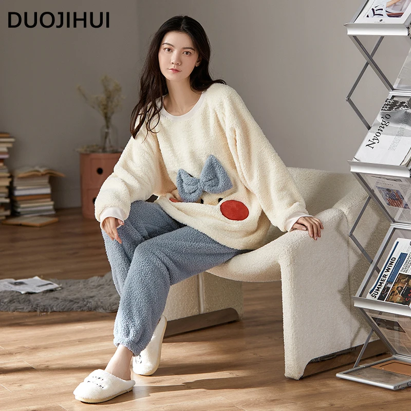 DUOJIHUI Simple Thick Warm Soft Cute Pajamas for Women Winter Lovely Printed Spell Color Fashion Casual Loose Female Pajamas Set