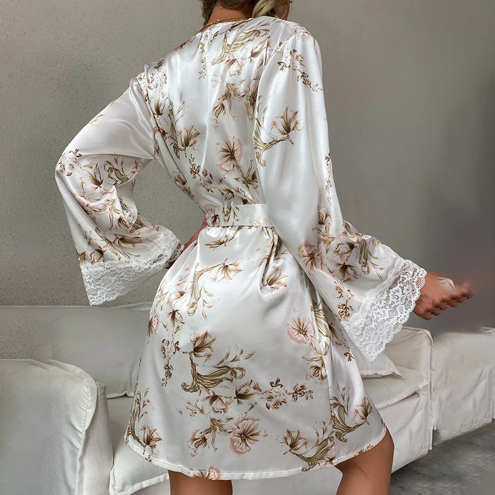 Women New Night Gown Kimono Robe Fashion Bathrobe Sexy Floral Print Lace Bathrobe Long Sleeve Nightgown Ladies Dressing Gowns