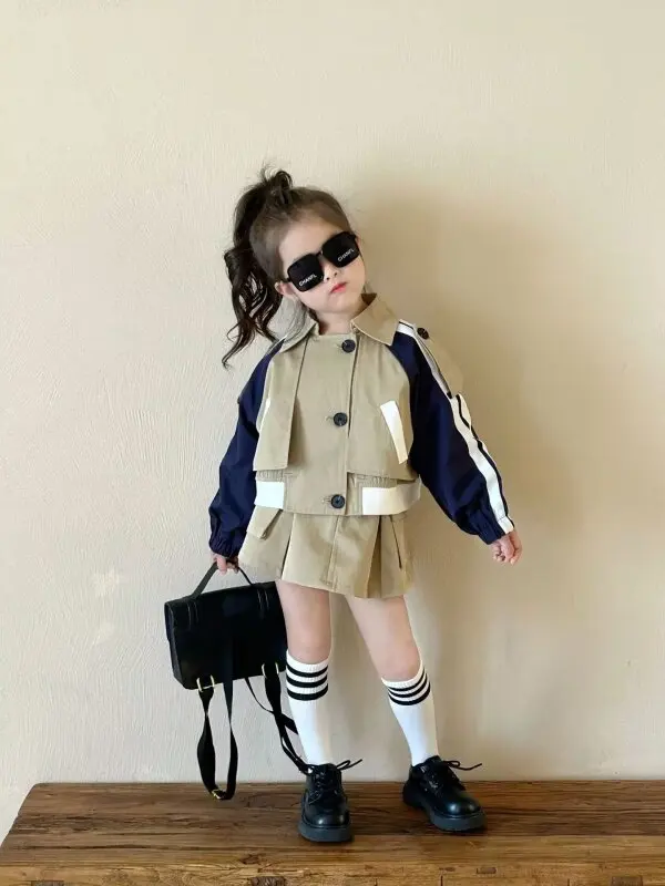 Spring and Autumn Baby Girl Clothes Children\'s Set Baseball Jacket Pleated Skirt Suit 2-8 Year