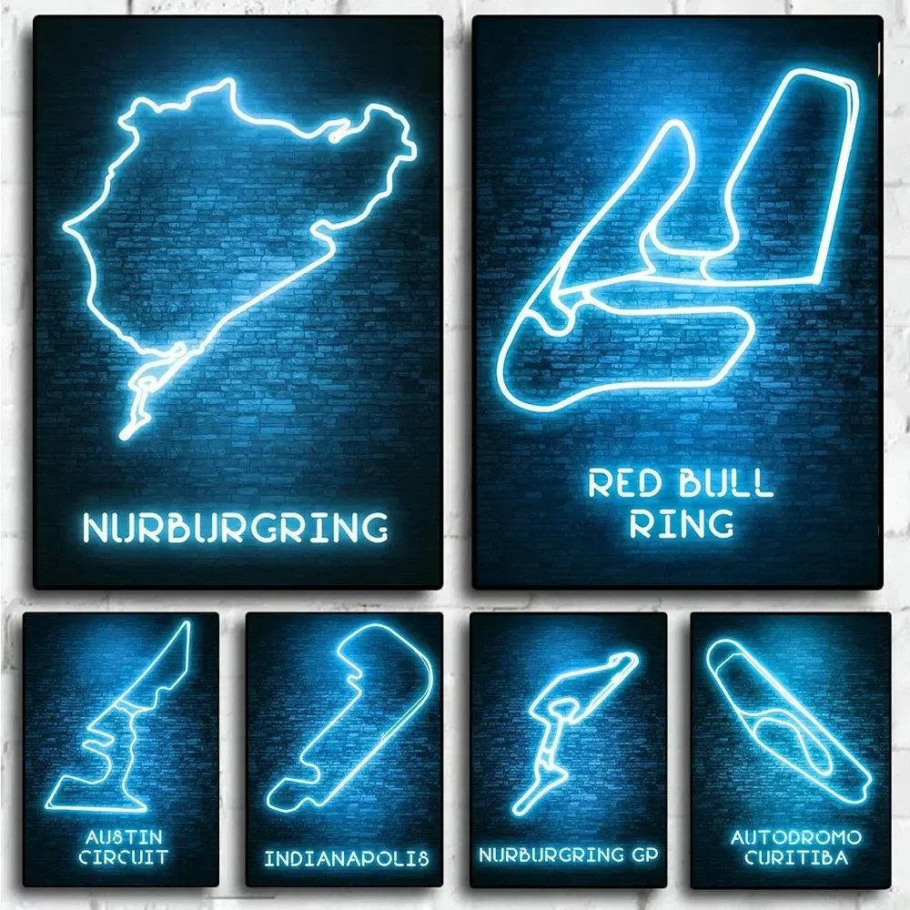 2024 Neues Neon F1 Formel-Rennstrecken-Poster und Leinwanddruck Wandkunst Bilder für Raumdekoration Geschenke
