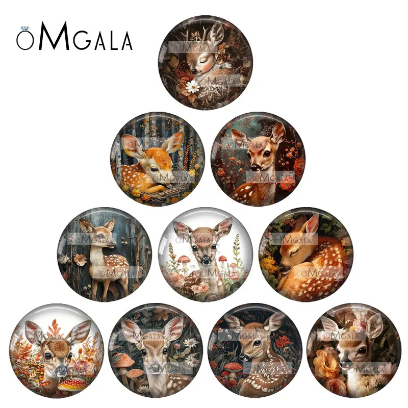 Neue Entzückende Hirsch-Kunstgemälde 10 Stück 12mm/18mm/20mm/25mm Runde Foto-Glas-Cabochons mit flacher Rückseite für Bastelarbeiten