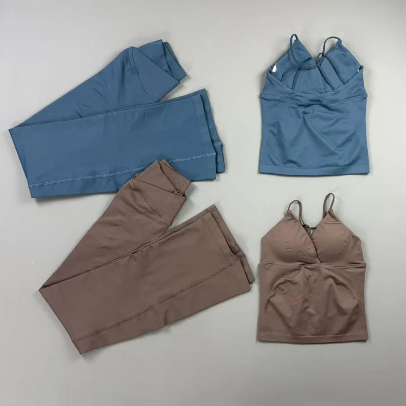 2Pcs Vision Sports Set V Neck Crop Top Cross Waist Tummy Control Leggings  Breathable Fitness Running Pilates Training Suit