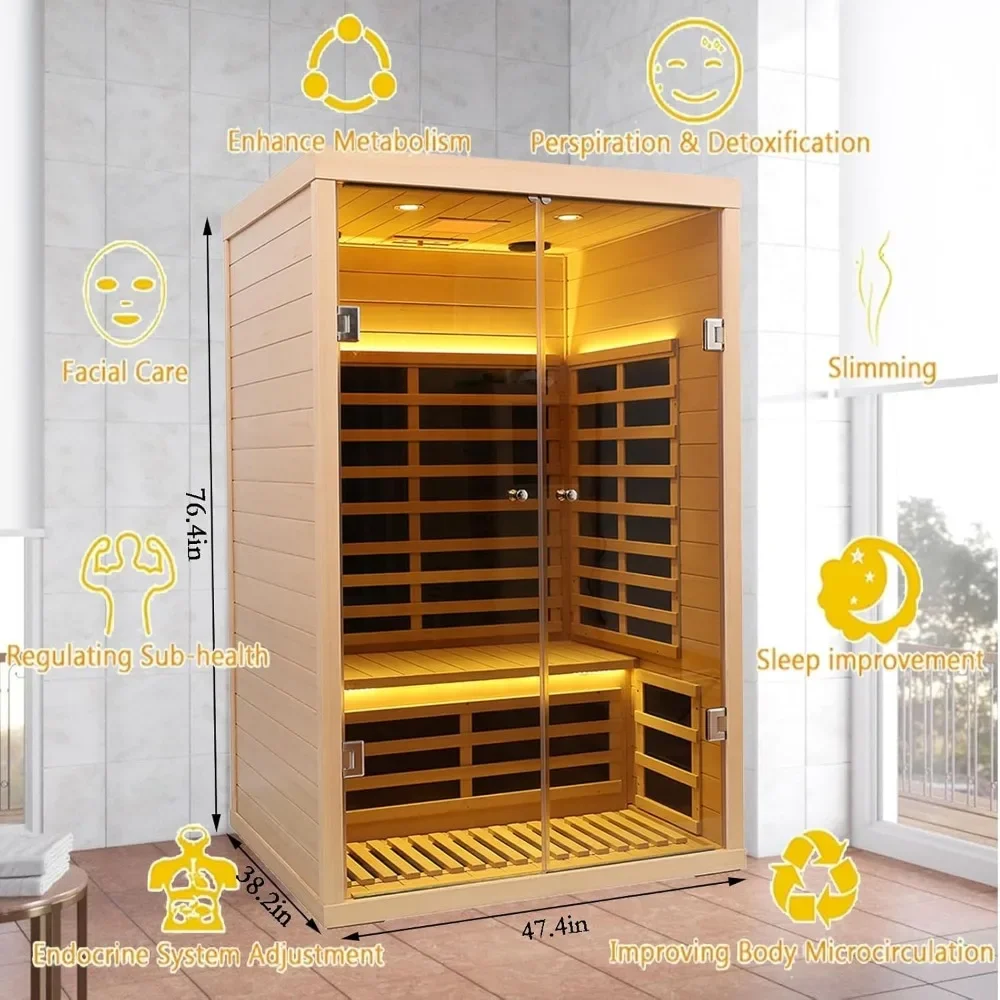 Sauna infravermelha distante Hemlock para 2 pessoas com baixo EMF, sauna interna doméstica, portas de vidro temperado de luxo, 1780 W, aplicativo e controle de painel LCD