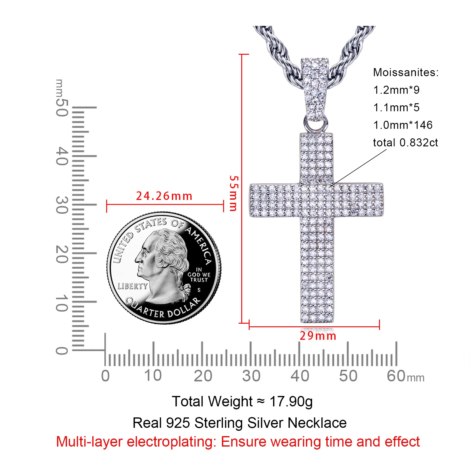 MossanRappr Moissanite Bling Cross Pendant Iced Out Hip Hop Necklace 925 Sterling Silver Punk Rock Jewelry Gifts for Men Women