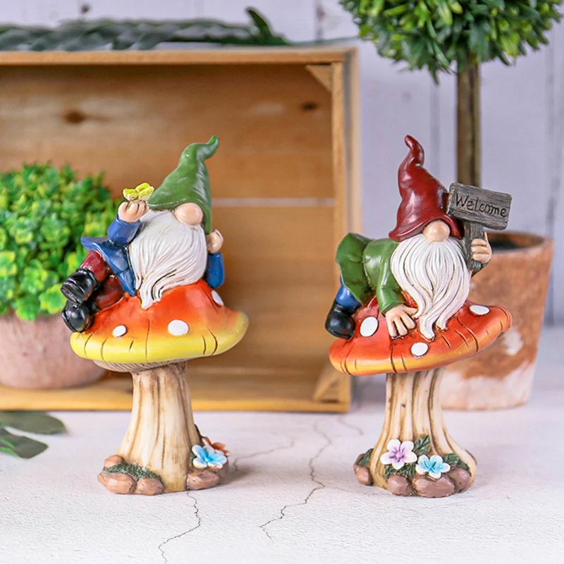 Faceless Elf Gnomes Raise Hand Welcome Sign Garden Decoration Outdoor Sitting On Mushroom Lawn Statue Garden Decor