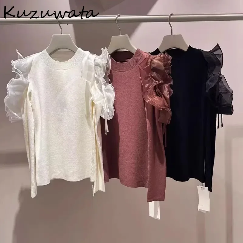 Kuzuwata O Neck Long Sleeve Sweet Fresh Jumper Shoulder Strapless Solid Elegant Fungus Pullovers Japan Knit Fashion Sweaters