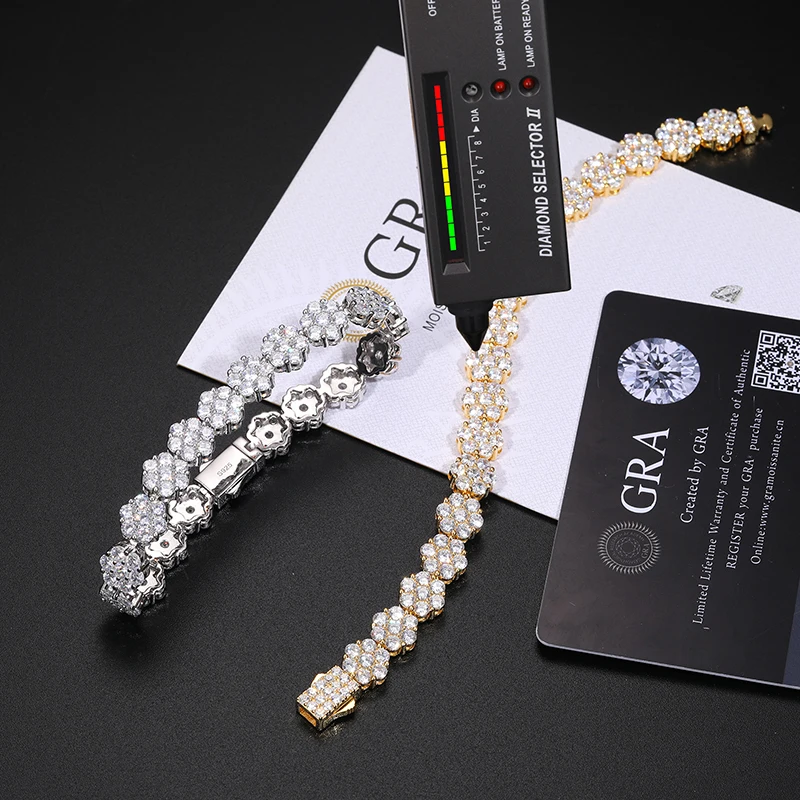 TUHE Full Round Luxury Moissanite Bracelet 925 Silver Fine For Women Men Hip Hop Jewelry