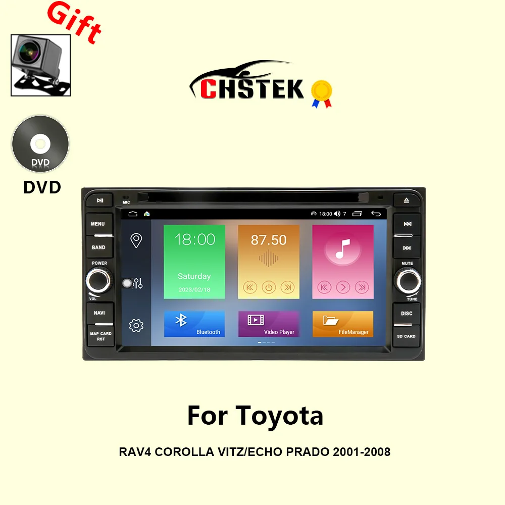 CHSTEK راديو السيارة Carplay أندرويد السيارات لتويوتا RAV4 كورولا فيتز/صدى برادو 2001-2008 نظام تحديد المواقع بلوتوث واي فاي الوسائط المتعددة مشغل ديفيدي