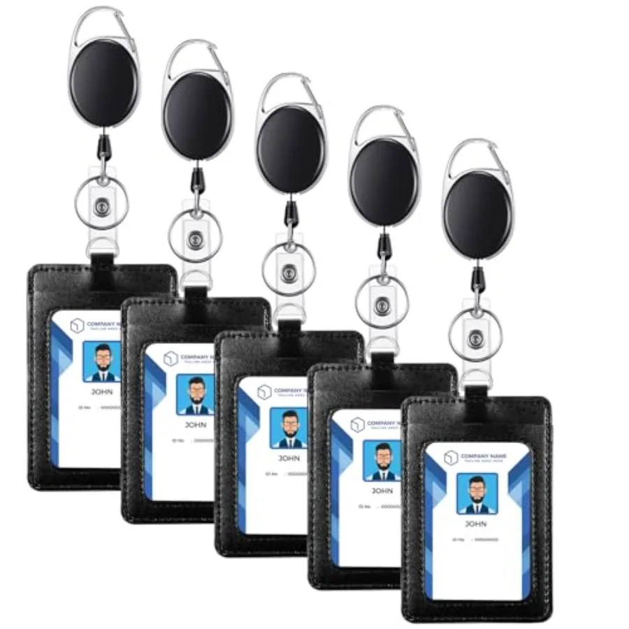 

5 Set ID Badge Holder Name Card with Retractable Badge Reel Clip Heavy Duty Vertical PU Leather