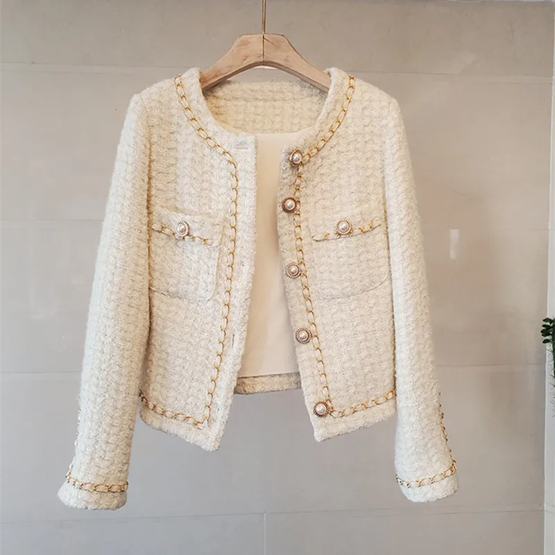 2024 Autumn Winter New Pink High-Quality Women's Runway Tweed  Beaded Buckle Brand Coat Woolen Jackets