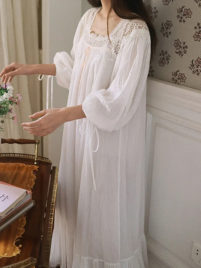 Women 2024 Pure Cotton Fairy Pajama Nightdress Vintage Princess Loose Long Sleeve Spring Autumn Victorian Nightgowns Sleepwear