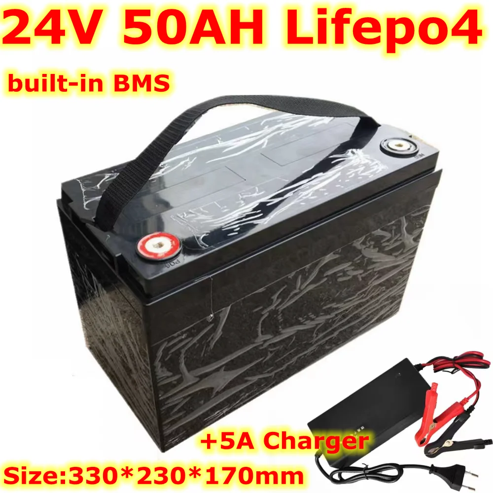 customized 24V 50Ah Lifepo4 Lithium Rechargeable Battery Pack with BMS for RV Robots Solar energy system+5A Charger