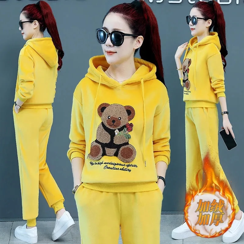 

Golden Velvet Hooded Sweatshirt Women's Sets Thick Hoodies Embroidered Top+Pants 2PCS Fall Winter Casual Fleece Sportswear Suits