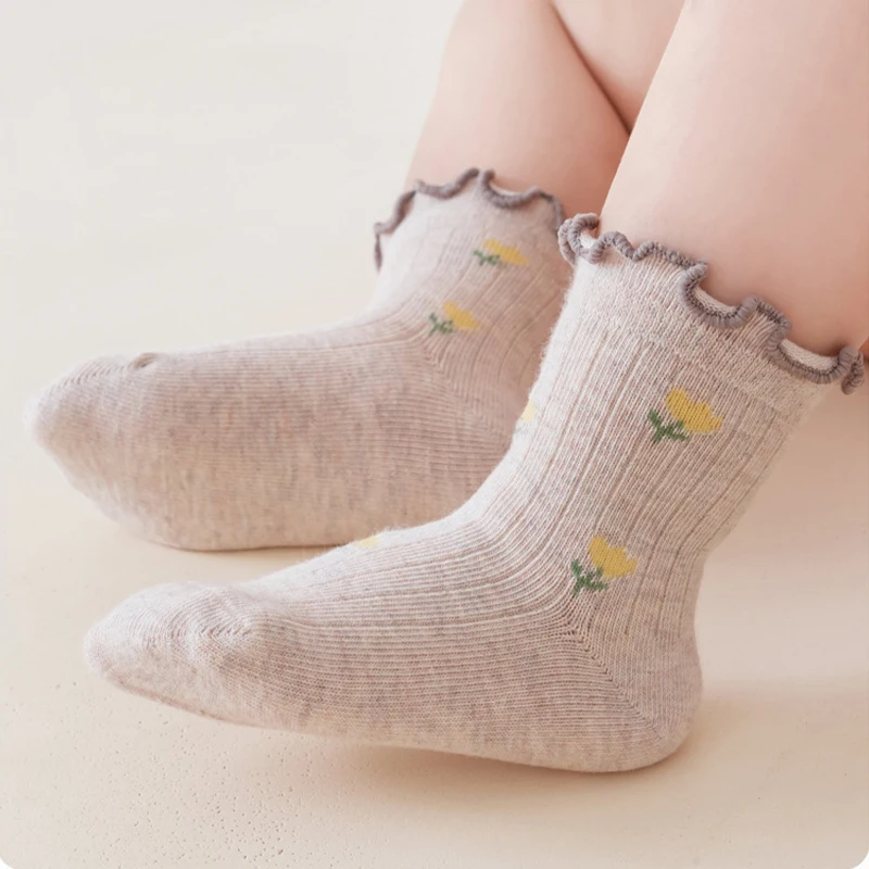 3/5 Paar Kleinkind Mädchen Socken mit Wellenmuster und Rüschenbündchen, Vintage Blumen Baby Socken für Mädchen, für den täglichen Gebrauch – Detail 1