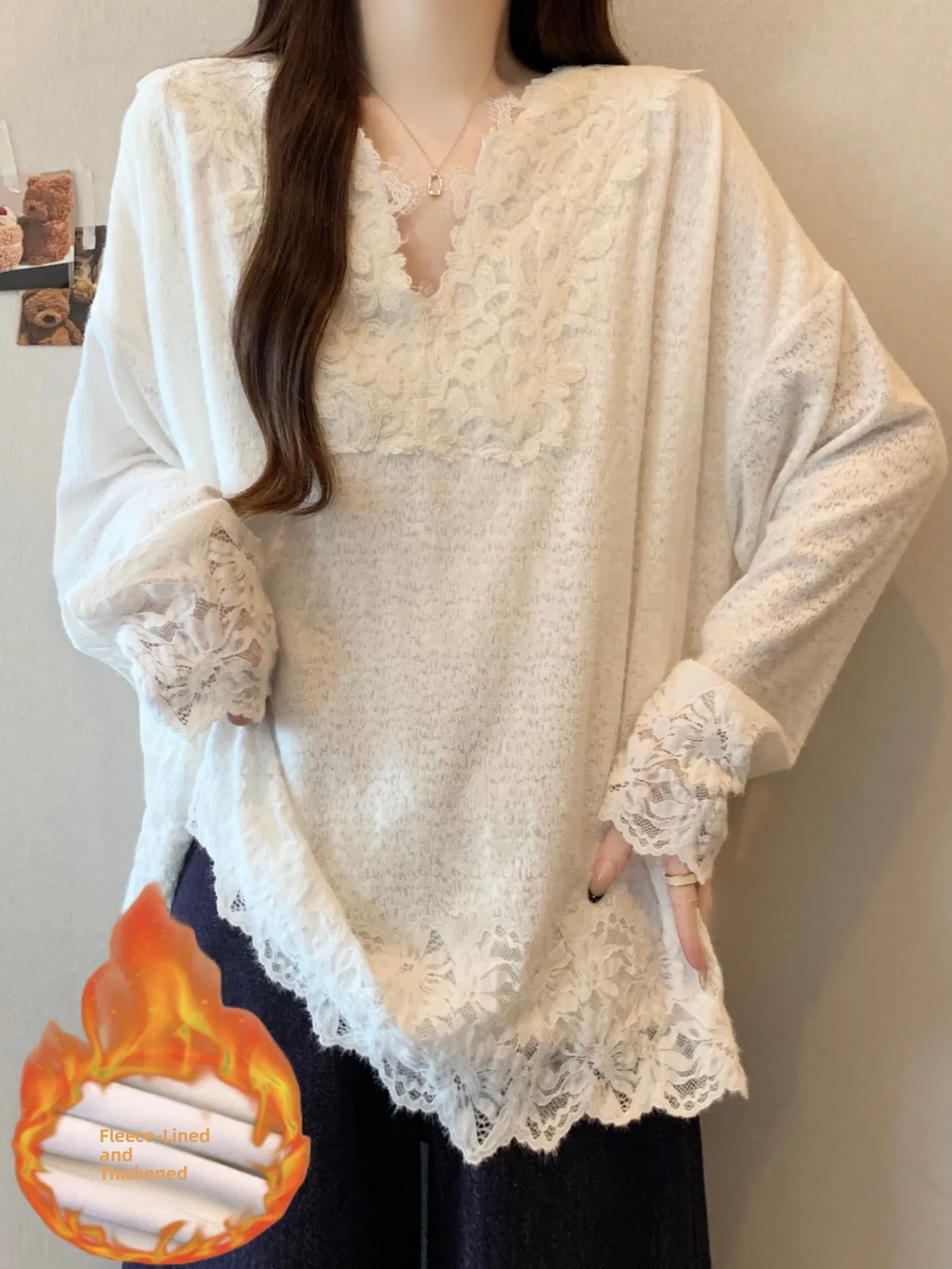 Thickened Fleece Long Sleeve Lace Splicing Base Shirt Women's Spring Autumn plus Size Unique Personality Top Korean Style Cas...