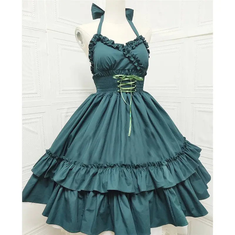 Girls 2024 Summer Classic Elegant Lolita Vintage Japanese Soft Girl Ruffles Drawstring Waistband Fashion Solid Color Drop Dress