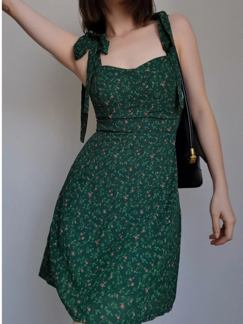 Mini Dresses French Style Retro Dark Green Floral Dress Women Summer Sweetheart Neckline Cinching Waist Slim A-line Short Dress