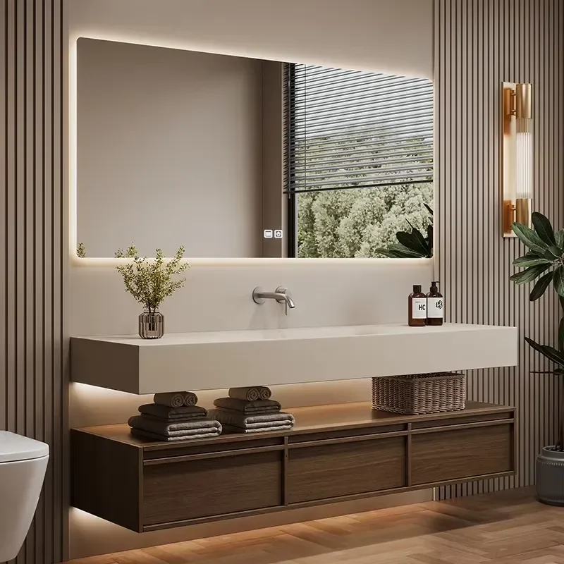 for Bathroom Hand Wash Washbasin Furniture Sets Solid Wood Cabinet Rock Slab Seamless Integrated Basin Antique Style Vanity