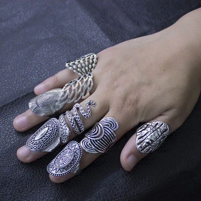 EKUSTYEE 20 أجزاء/وحدة سحر الذهب والفضة اللون الدائري للنساء نمط طويل خواتم خمر الأزياء والمجوهرات مزيج نمط #3