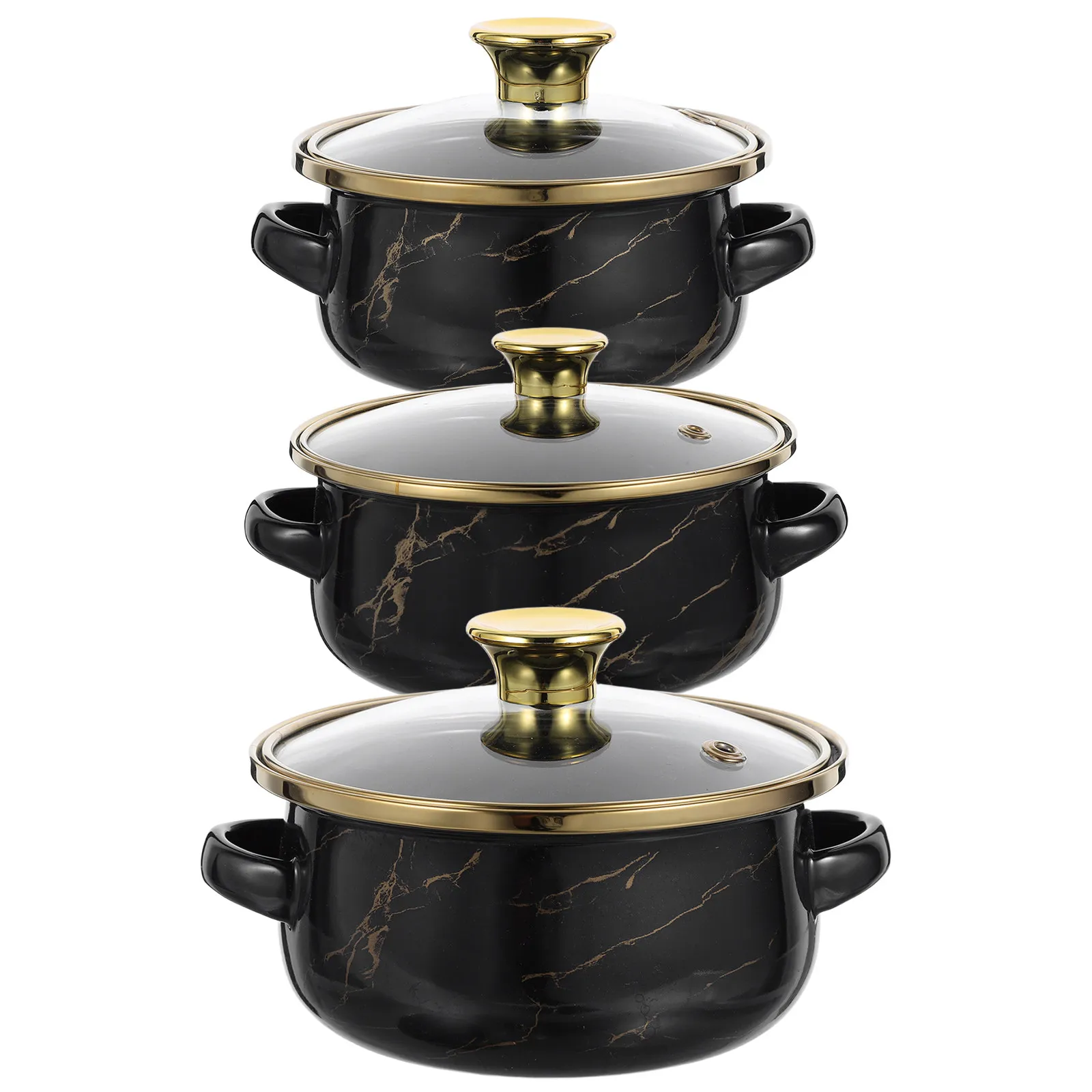 3Pcs Enamel Pot Set Double Handled Soup Pots Lids 500Ml 800Ml 1200Ml Kitchen Simmer Cooking Stew Pots Induction Gas Electric