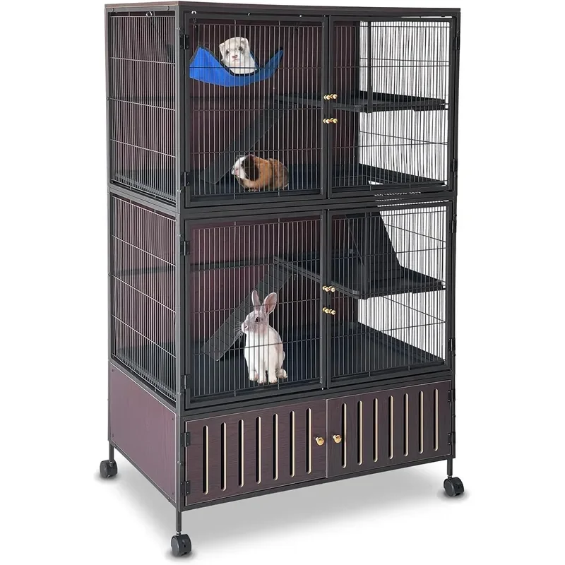 60 High Waterproof Small Animal Cage with Storage Locker Easy-Clean Ferret Rabbit Habitat Multi-Level Indoor Enclosure for